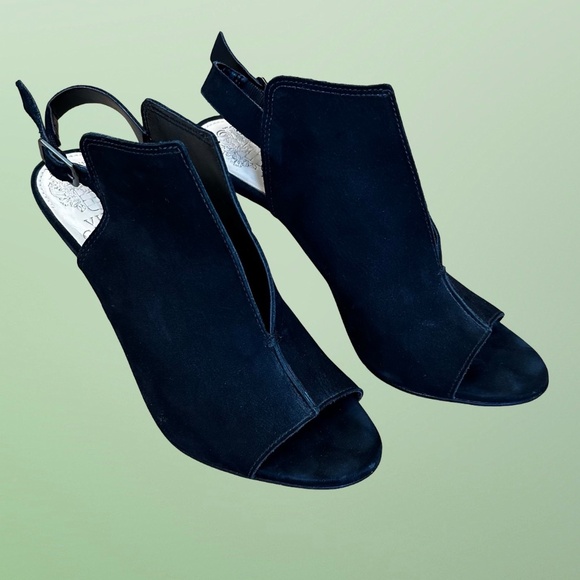 EUC Vince Camuto Catina Black Suede Peep Toe Sling Back Heel Sandal 6 1/2 - Picture 12 of 14